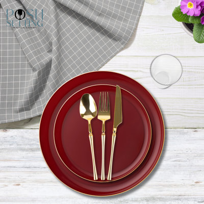 Posh Setting 420 Piece White And Gold High End Plastic Party Bundle - Edge (60 Settings)