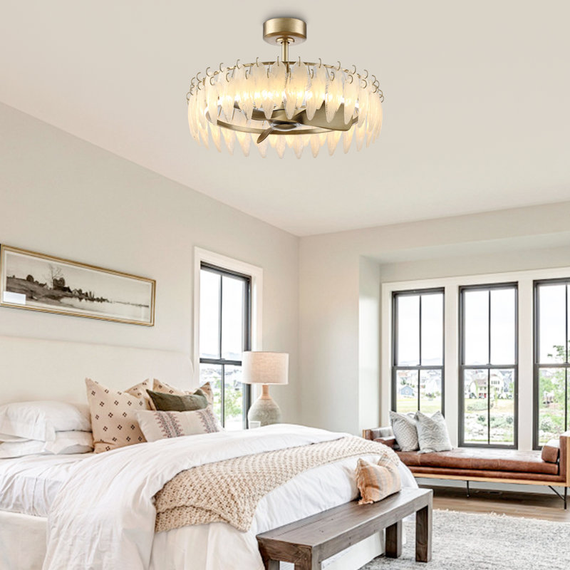 32.3" Glass Caged Ceiling Fan With Dimmable LED Lights And Remote Control