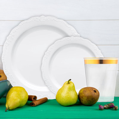 Service de vaisselle jetable en plastique blanc vintage - 120 couverts