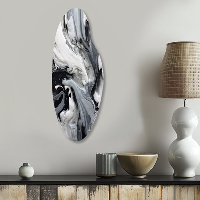Ewanda Black and Grey Harmony In Chaos - Abstract Asymmetrical Metal Prints, Black Curved Metal Wall Art