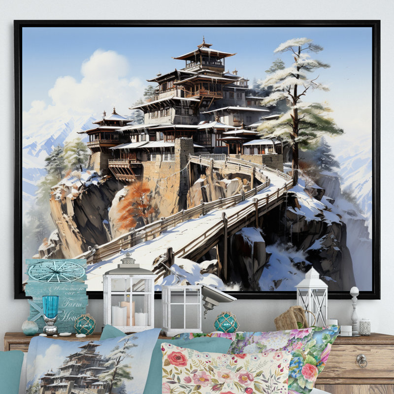 Art asiatique, monastère tibétain VII - reproduction, H 16 po x l 32 po x P 1 po, Cadre flottant noir
