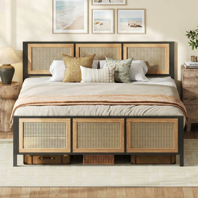Structure de lit avec tête de lit en rotin, grand lit avec structure en métal robuste et sans sommier, lit plateforme pour chambre à coucher, chambre d'amis