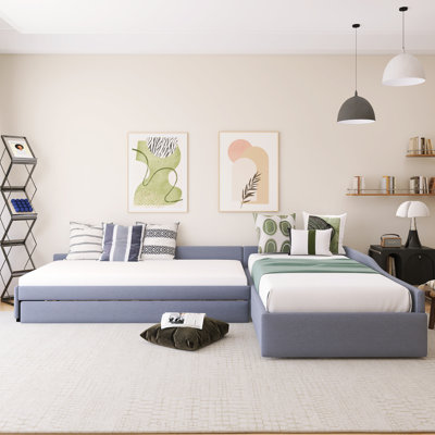 Wood Frame Upholstered Double Twin Size Daybed With Trundle And Drawer