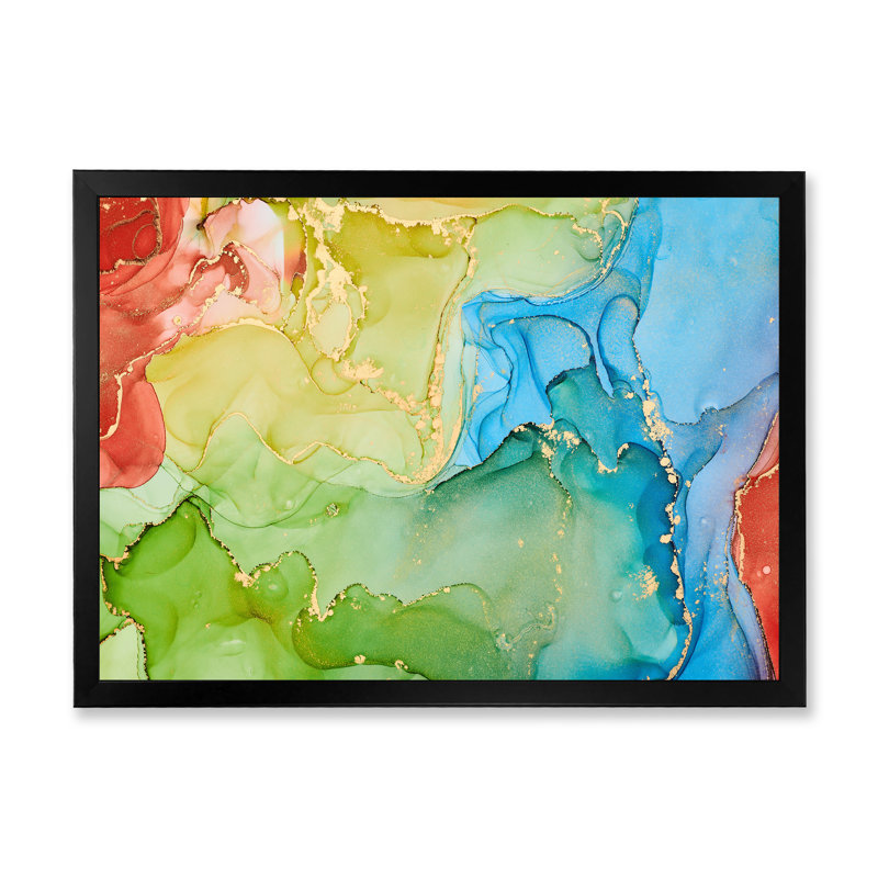 «Green and Blue Tender Liquide Art I», reproduction sur toile, H 34 po x l 44 po x P 1,5 po, Cadre noir