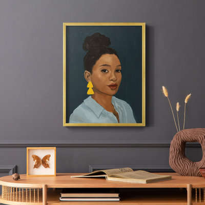 Figure in Yellow Earring Framed Print - Solid Wood