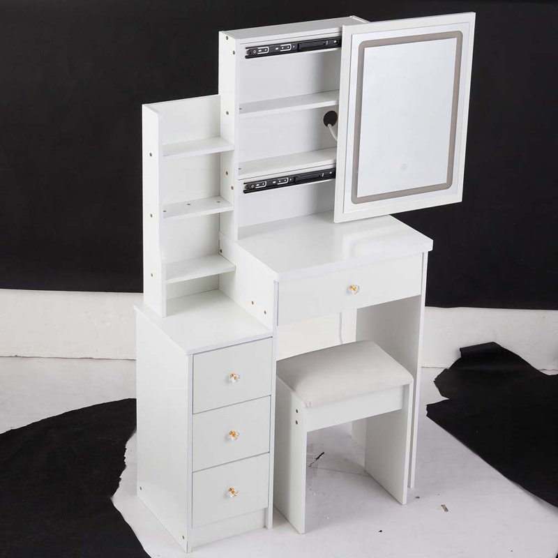 Petite coiffeuse 29,2 po avec tabouret de chevet gauche + grand tabouret rembourré, commande tactile, interrupteur tricolore, miroir à luminosité réglable, rangement grande capacité, convient aux petits espaces