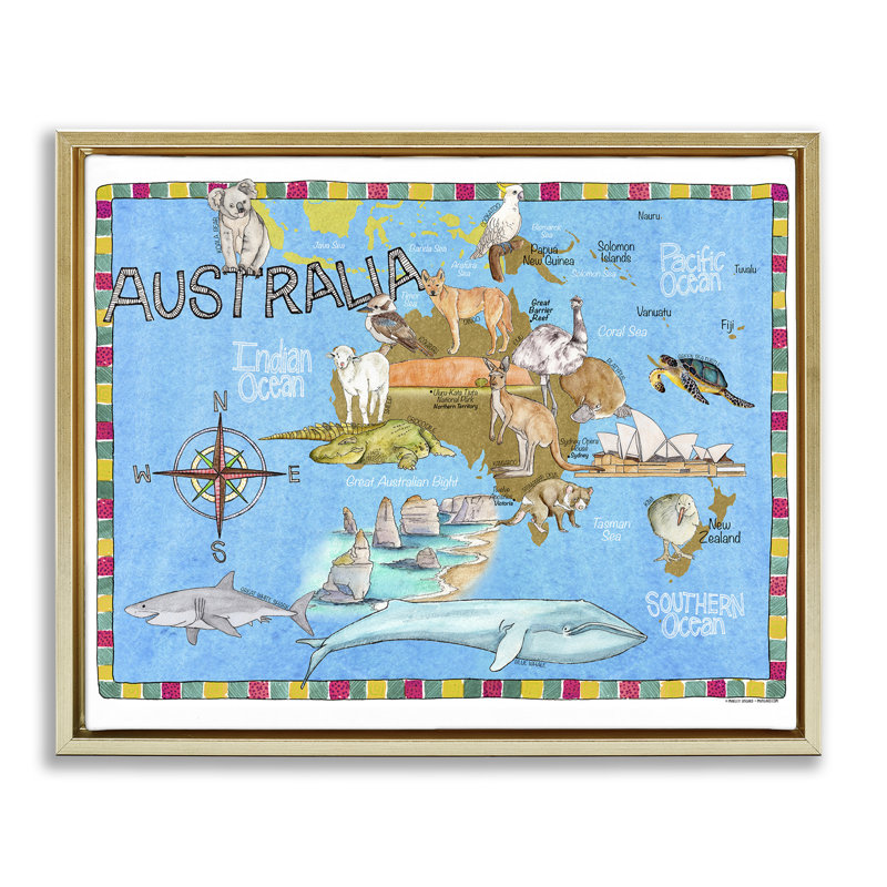 Art mural sur toile flottant encadré, "Australie" par Marley Ungaro, Cadre flottant métallique doré, H 17 po x l 21 po