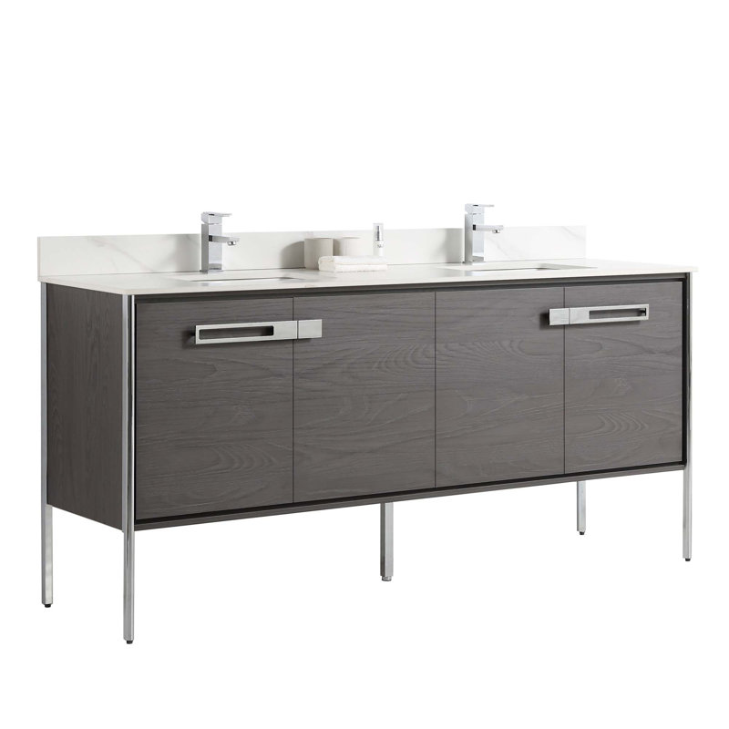 Meuble-lavabo double 72 po, Chêne noir, Chrome poli