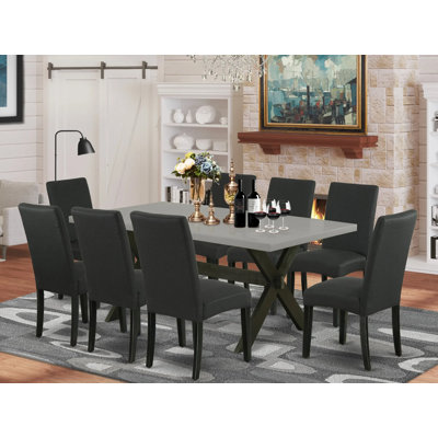9 Piece Modern Dining Table Set Includes a Rectangle Wooden Table with X-Legs and 8 Black Colour Linen Fabric Upholstered Chairs, Wire brushed Black