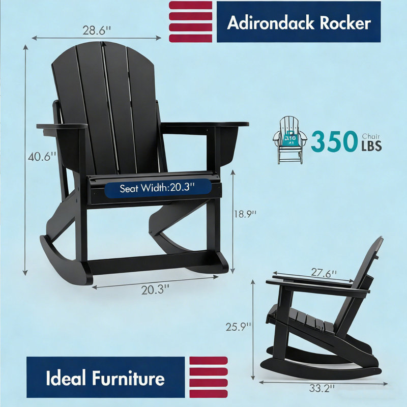 Set Of 2 Oversized All Weather Adirondack Rocking Chair, Black