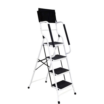4 Step Ladder With Handrails 500 Lb Capacity Step Stool Folding Portable Ladders For Home Kitchen Steel Frame With Non-Slip Wide Pedal Stepladder With Attachable Tool Bag Black