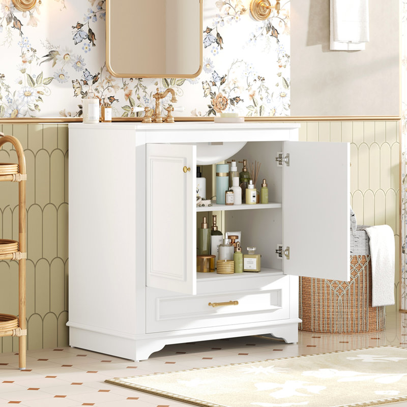 Meuble-lavabo de luxe 30 po avec lavabo en céramique, meuble-lavabo avec 2 grandes portes à fermeture douce, meuble de rangement en bois massif