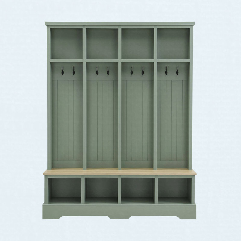 Farmhouse Hall Tree with 8 Hooks, Storage Bench & Open Compartments, Mint Green, Mint Green