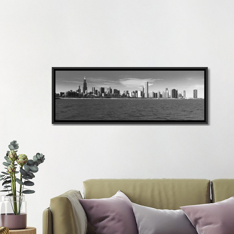 «Chicago Skyline Cityscape», impression sur toile, H 20 po x l 60 po x P 1,5 po, Cadre noir