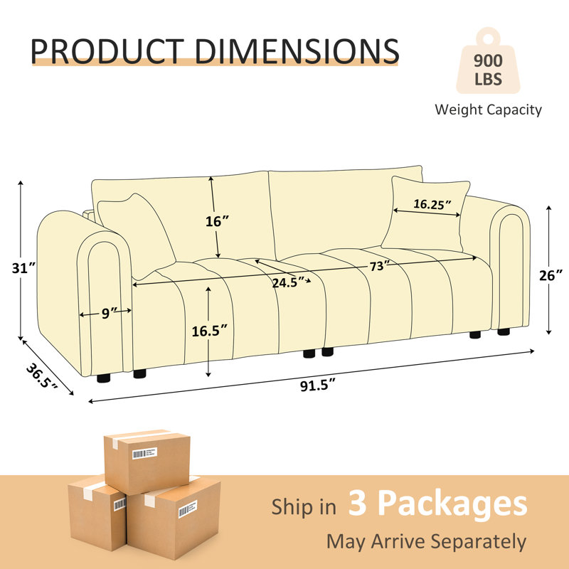 91.5'' Modern Tufted Sofa With Boucle Upholstery, Gray