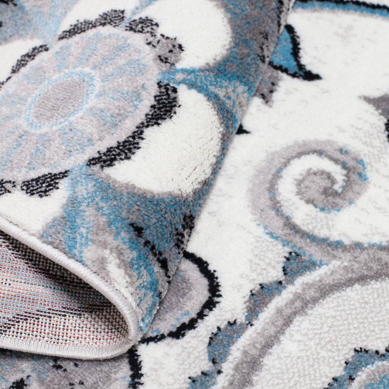 Tapis à motif floral ivoire et bleu, Rectangle 6 pi 6 po x 9 pi 6 po