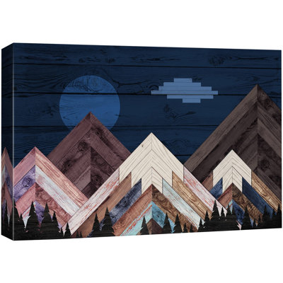 Western Wood Effect Landscape " Western Wood Effect Decor Woodblock Night Mountain Range Nature Wilderness Landscape "