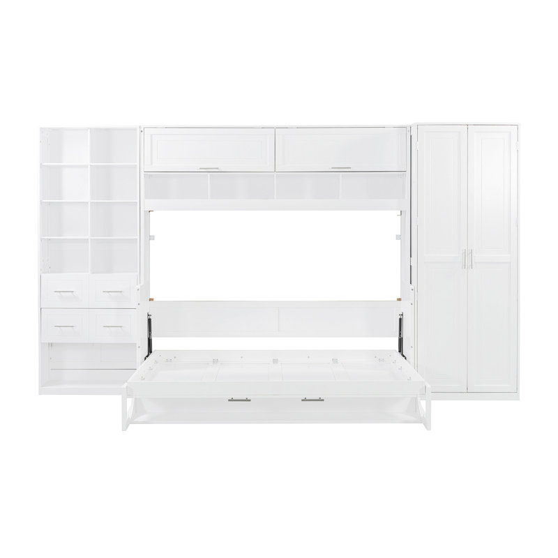 Lit escamotable double pleine grandeur avec placard, tiroirs et tablettes, blanc