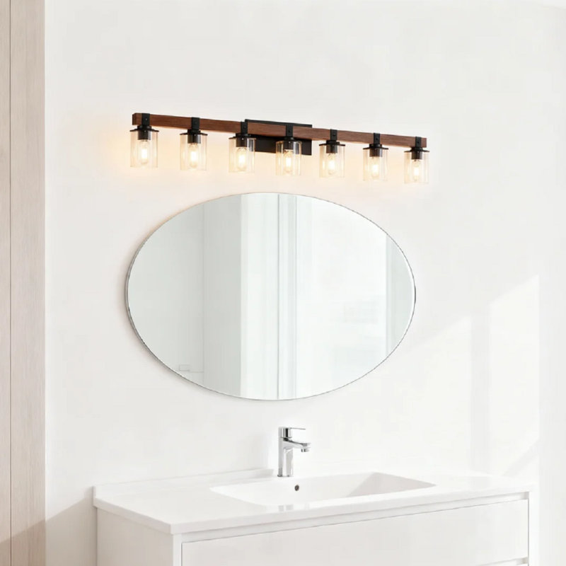 Applique murale de salle de bain 27 po 4 lumières rustique 27 po avec abat-jour en verre et décor en bois, luminaire maison de campagne moderne (sans ampoules)