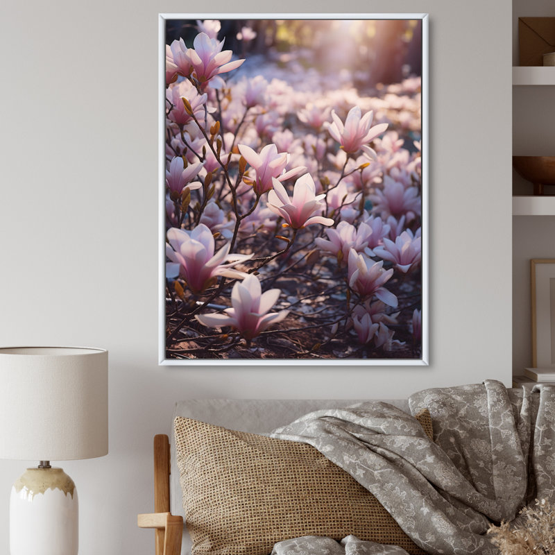 Rose, brun, magnolia, nature, sérénité II, Cadre flottant blanc, H 40 po x l 30 po x P 1,5 po