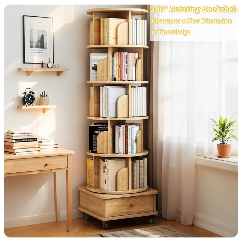 Rotating Bookshelf, Brown, (6 Shelves) 68.2"H x 18.2"W x 18.2"D