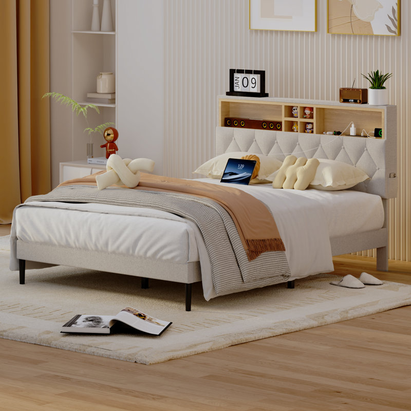 Bed Frame with Adjustable 2-Tier Storage Headboard and Charging Station, Solid Metal Platform Bed Frame, Noise-Free, No Box Spring Needed, Easy to Assemble