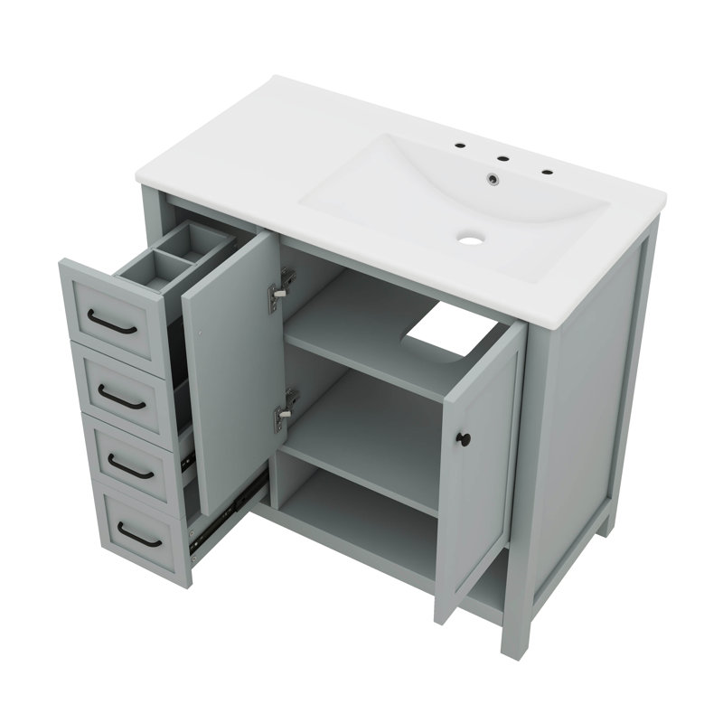 Meuble-lavabo de 36 pouces avec comptoir d'évier, armoire avec deux portes et deux tiroirs, avec tablette ouverte, Gris