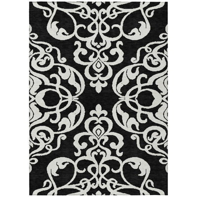 8' X 10' Black And Ivory Damask Washable Indoor Outdoor Area Rug