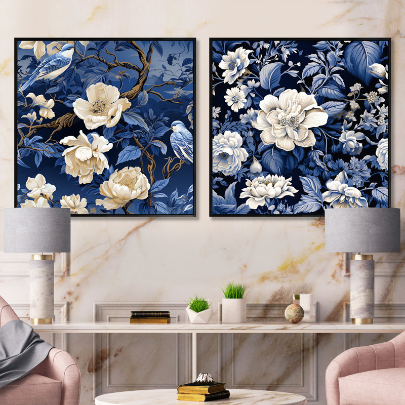 Matteo - Ensemble de 2 collages floraux carrés, Cadre flottant noir, H 16 po x l 33 po