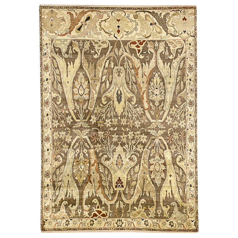 Tapis brun et ivoire de haute qualité noué à la main