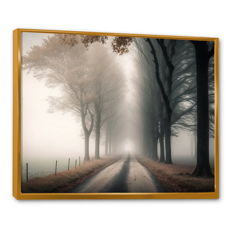 Art sur toile, "Misty Road Through The Forest II", H 16 po x l 32 po x P 1 po, Cadre flottant doré