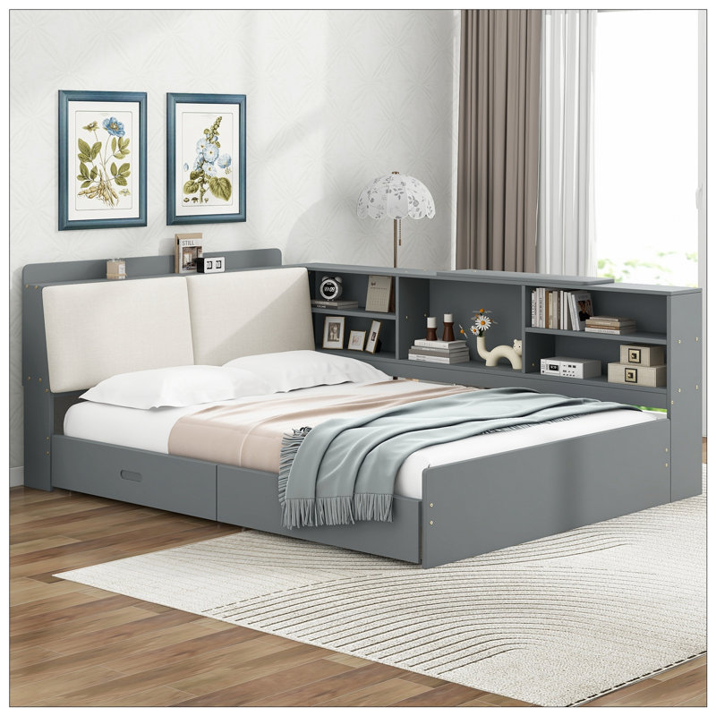 Lit plateforme en bois avec tête de lit, tablettes et 2 tiroirs, gris, Gris
