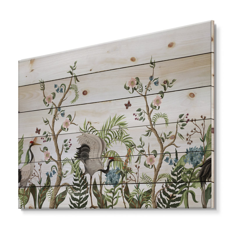 Bordure avec grues et pivoines de style chinois - Impression traditionnelle sur bois de pin naturel