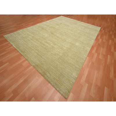 9'x12'3" Khaki Brown, Plain Solid Design, Silk with Textured Wool, Hand Knotted, Oriental Rug