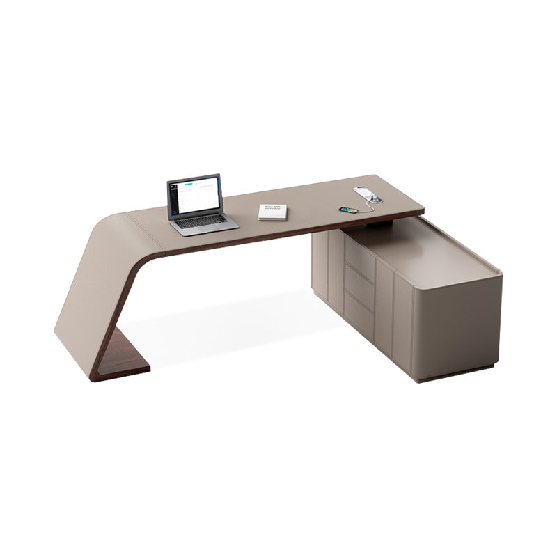 Bureau en bois manufacturé en L gris et brun noisette avec bureau à 3 tiroirs, H 29,53 po x l 70,87 po x P 59,06 po