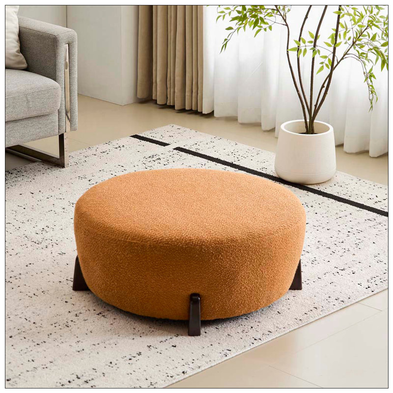 Repose-pieds rond avec pieds en bois d'hévéa Boucle, Bois naturel, orange citrouille