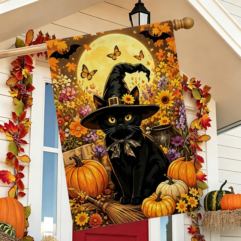 Drapeau de jardin de bienvenue pour l'Halloween, double face, 30 x 45 cm, motif floral noir et orange avec chat