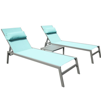 Patio Chaise Lounge , 3 Pieces, Lake Blue. Aluminum Pool Chairs With Side Table. Outdoor Adjustable Recliner. Frame. Material. 5 Position Adjustment. . Space Stackable Design In For Beach, Yard,
