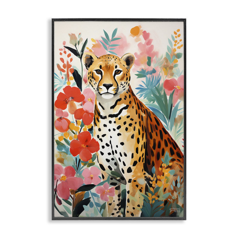 Art floral, estampe numérique léopard par Roozbeh Bahramali, H 18 po x l 12 po, Giclée encadrée noir minuit