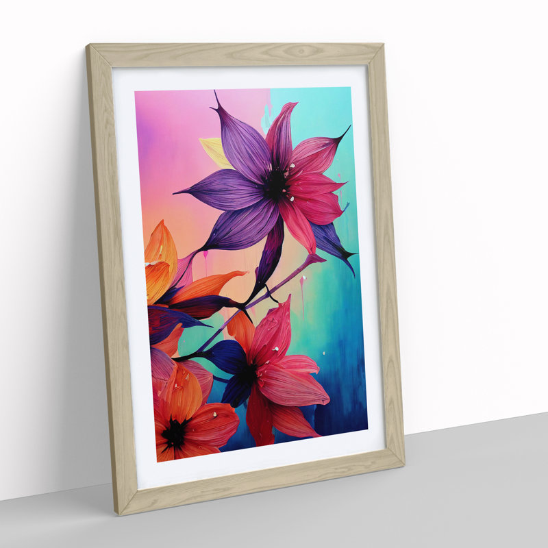 XV1022-3169X Paint Drip Flowers No.3 - Single Picture Frame Print, Oak, 64cm H x 46cm W x 2cm D