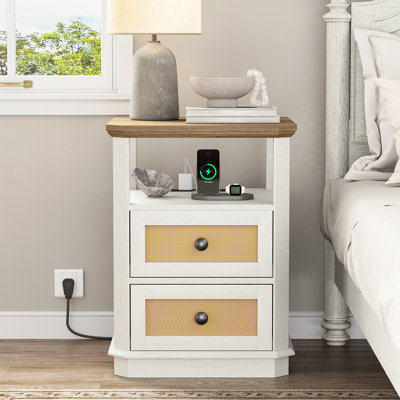 2 Drawers Rattan Nightstands with Storage andFast Charging Station for Bedroom,Living Room