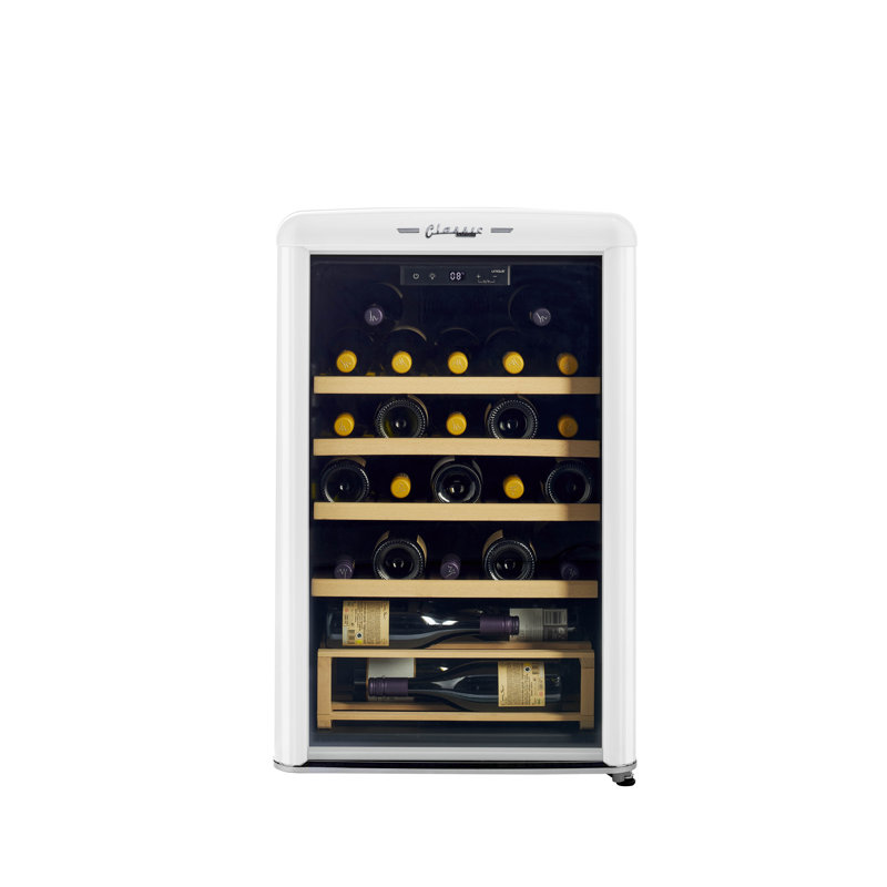 Classic Retro 28 Bottle Freestanding Single Zone Wine Cooler with Wood Shelves, Marshmallow White