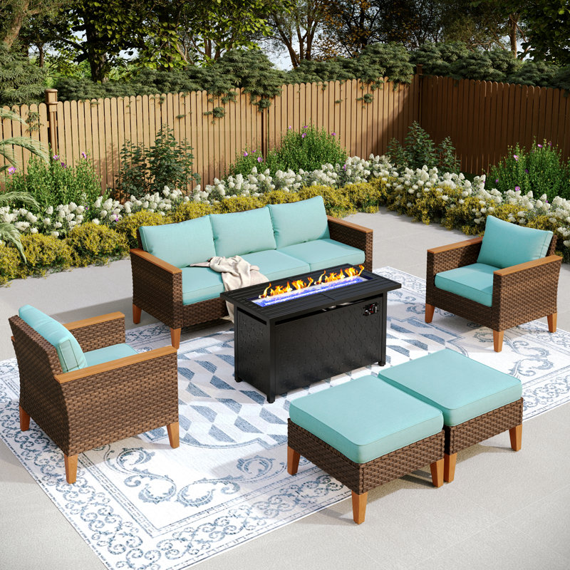 Phenice 7 - Person Outdoor Wicker Patio Conversation Furniture Set with Fire Pit Table, Blue