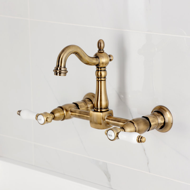 Kingston Brass Bel-Air Double-Handle 2-Hole Wall-Mount Bridge Kitchen Faucet, Antique Brass