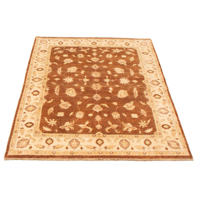 Tapis unique en laine noué à la main 5 pi 0 po x 7 pi 0 po nouvel âge Peshawar brun / jaune / crème