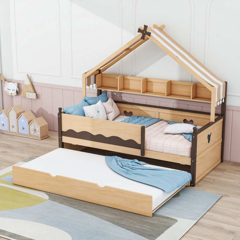 Solid Wood Standard Bed , Trundle Bed Included, Lit simple, Espresso naturel