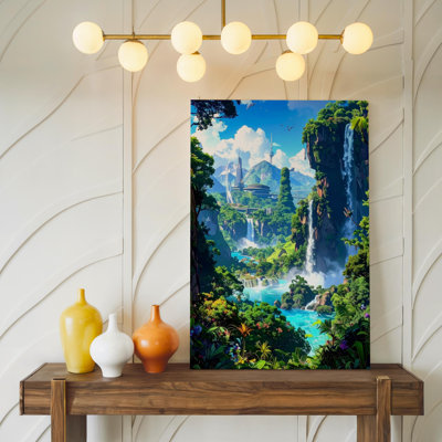 Futuristic Nature Harmony Canvaslush Landscape With Technology And Waterfalls Canvas Wall Art Ready To Hang Gallery Wrapped Home Decor