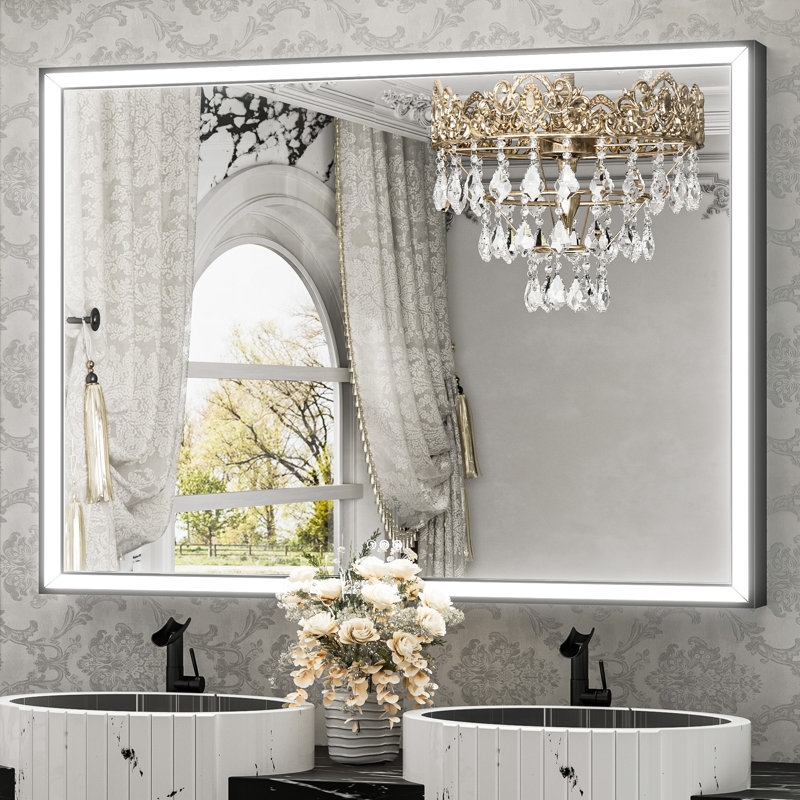 Miroir de salle de bain avant à DEL antibuée avec cadre en métal biseauté, 36 po x 48 po, Noir mat, Rectangulaire