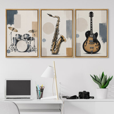 Ensemble de batterie d'instruments de musique moderne et abstrait, saxophone, guitare électrique, casque, haut-parleur de piano, œuvre d'art murale encadrée sur toile, reproduction de 3 pièces