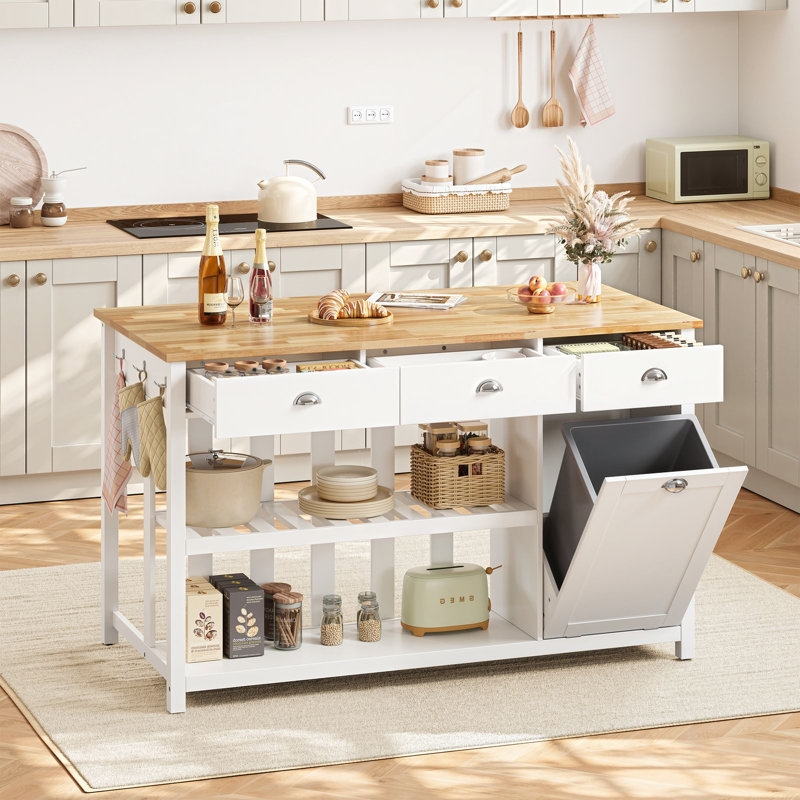 Îlot de cuisine 59 po avec tablettes de rangement solides et plateau de table, îlot de rangement avec prise de courant, armoire à déchets et 3 grands tiroirs pour la cuisine, la salle à manger
